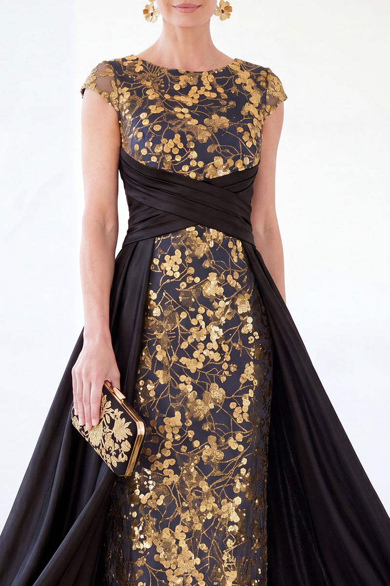 Load image into Gallery viewer, Sparkly Floral Black Gold Ruched Sequins Sheath Long Mother of the Bride Dress