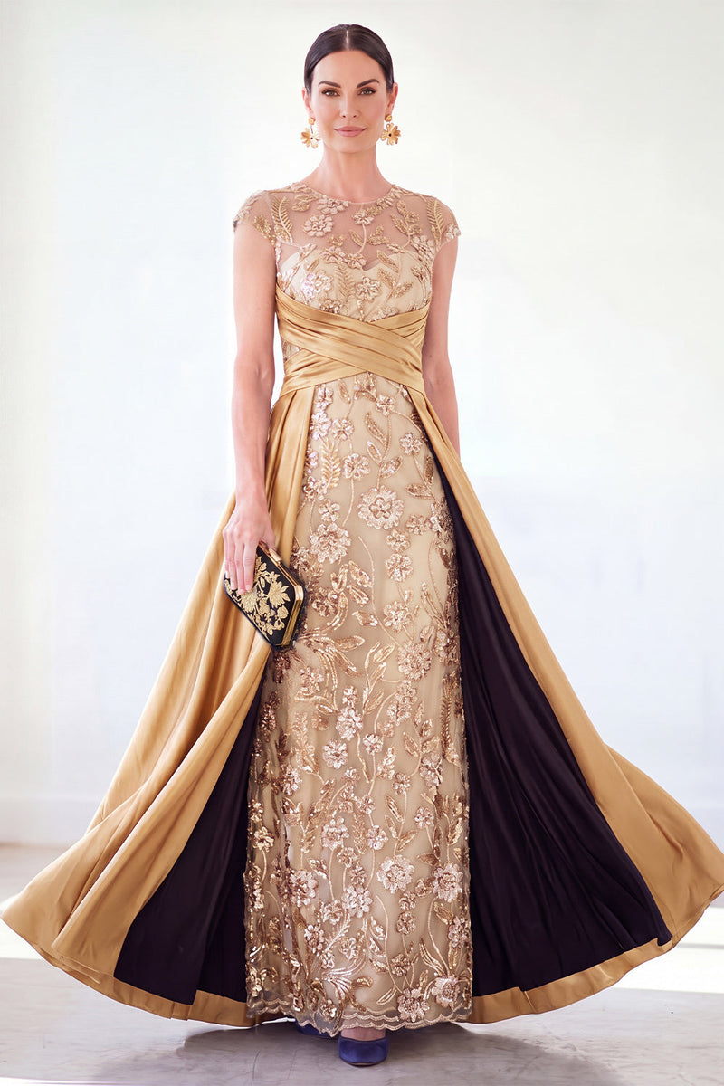 Load image into Gallery viewer, Sparkly Floral Black Gold Ruched Sequins Sheath Long Mother of the Bride Dress