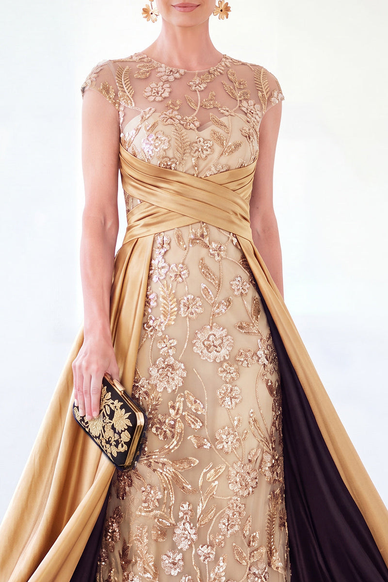 Load image into Gallery viewer, Sparkly Floral Black Gold Ruched Sequins Sheath Long Mother of the Bride Dress