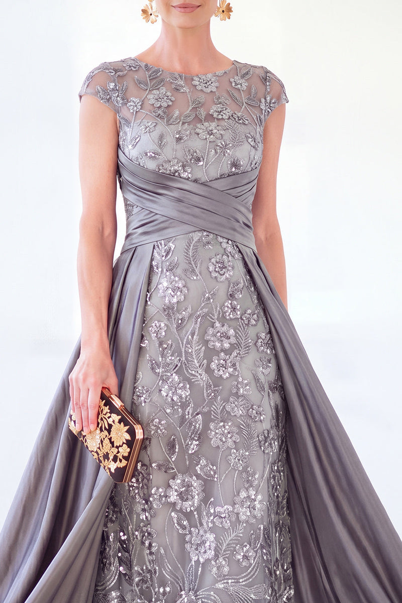 Load image into Gallery viewer, Sparkly Floral Black Gold Ruched Sequins Sheath Long Mother of the Bride Dress