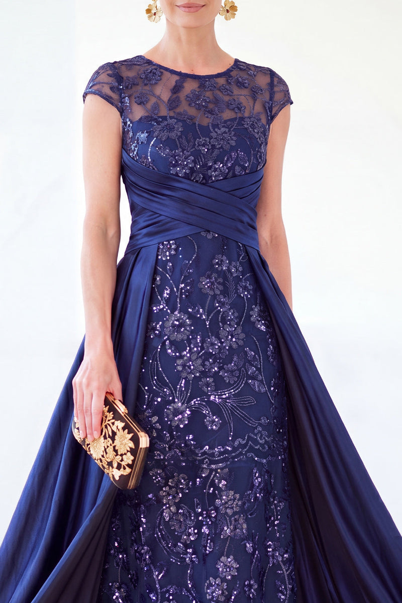Load image into Gallery viewer, Sparkly Floral Black Gold Ruched Sequins Sheath Long Mother of the Bride Dress