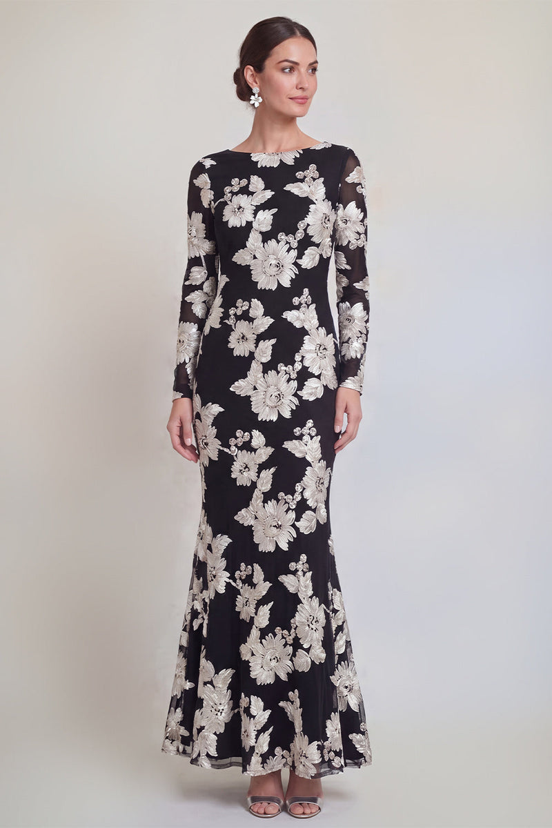 Load image into Gallery viewer, Burgundy Bateau Neck Mermaid Floral Long Sleeves Mother of the Bride Dress