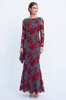 Load image into Gallery viewer, Burgundy Bateau Neck Mermaid Floral Long Sleeves Mother of the Bride Dress