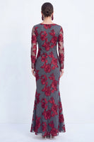 Load image into Gallery viewer, Burgundy Bateau Neck Mermaid Floral Long Sleeves Mother of the Bride Dress