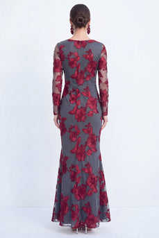 Burgundy Bateau Neck Mermaid Floral Long Sleeves Mother of the Bride Dress