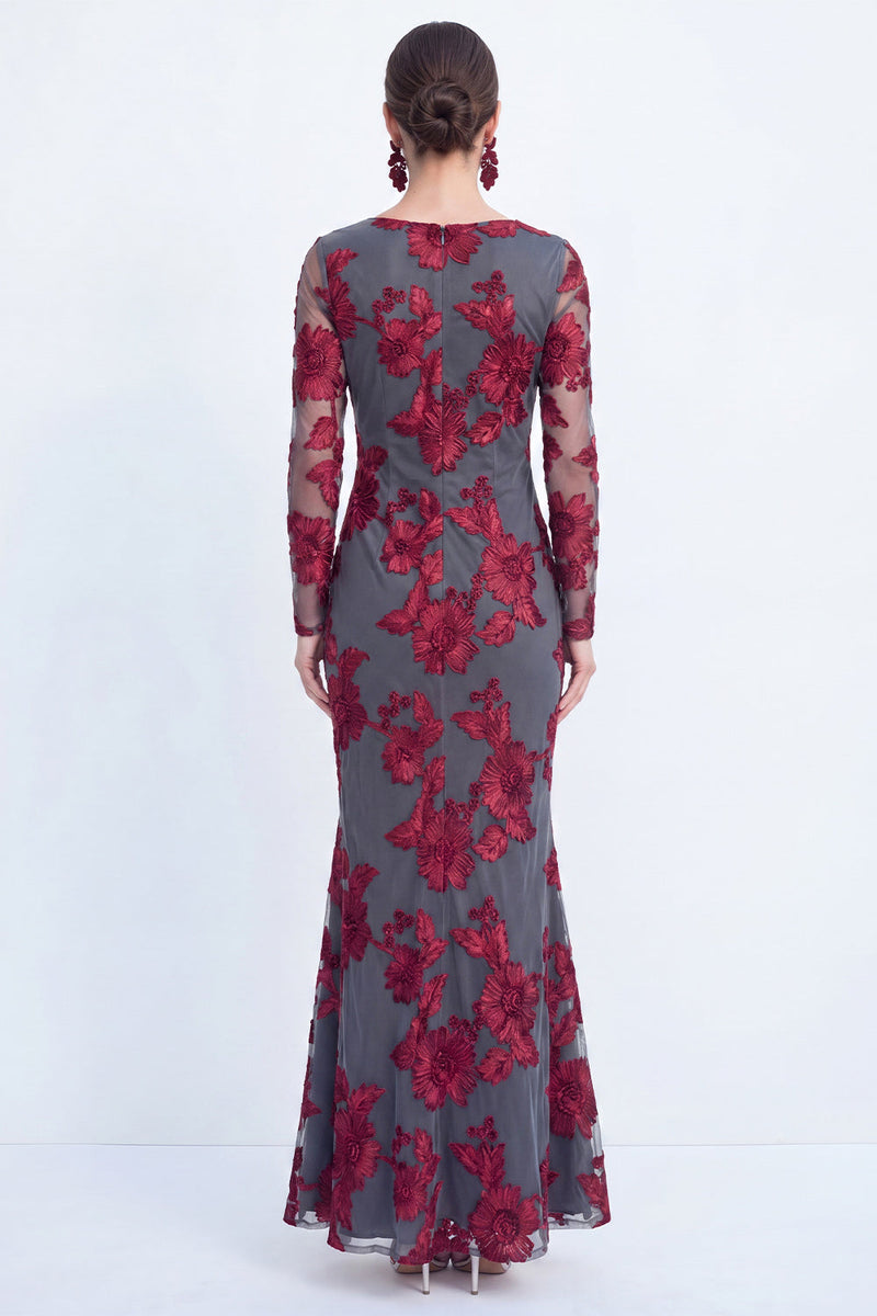 Load image into Gallery viewer, Burgundy Bateau Neck Mermaid Floral Long Sleeves Mother of the Bride Dress