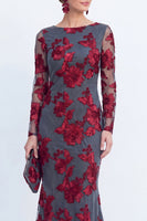 Load image into Gallery viewer, Burgundy Bateau Neck Mermaid Floral Long Sleeves Mother of the Bride Dress
