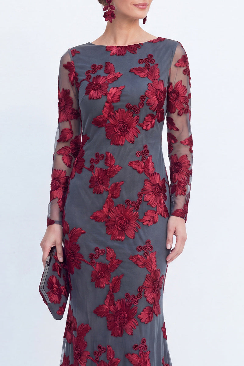 Load image into Gallery viewer, Burgundy Bateau Neck Mermaid Floral Long Sleeves Mother of the Bride Dress