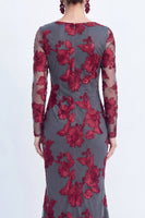 Load image into Gallery viewer, Burgundy Bateau Neck Mermaid Floral Long Sleeves Mother of the Bride Dress