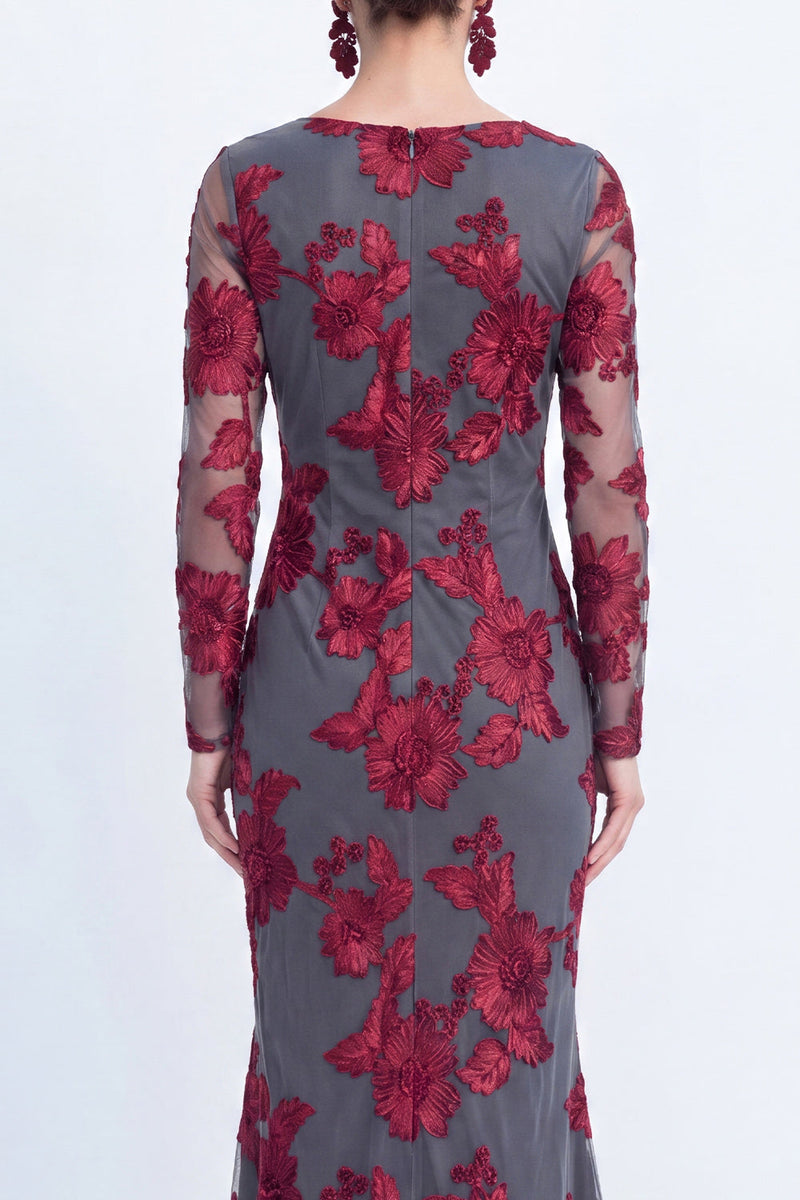 Load image into Gallery viewer, Burgundy Bateau Neck Mermaid Floral Long Sleeves Mother of the Bride Dress