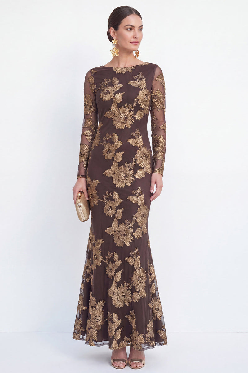 Load image into Gallery viewer, Burgundy Bateau Neck Mermaid Floral Long Sleeves Mother of the Bride Dress