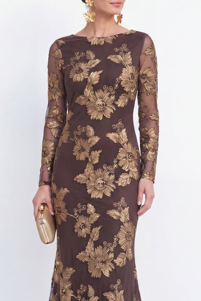 Load image into Gallery viewer, Burgundy Bateau Neck Mermaid Floral Long Sleeves Mother of the Bride Dress