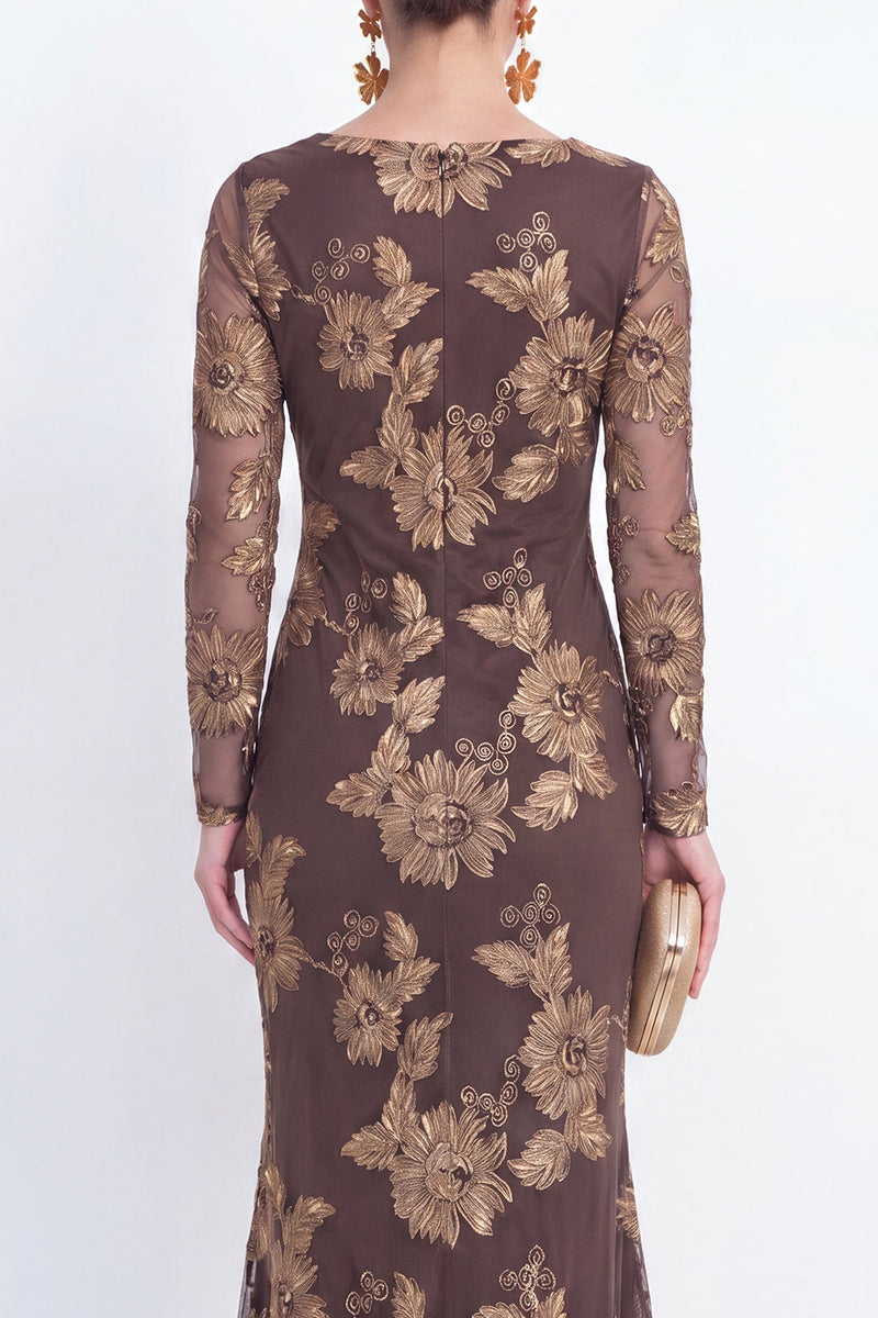 Load image into Gallery viewer, Burgundy Bateau Neck Mermaid Floral Long Sleeves Mother of the Bride Dress