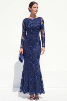 Load image into Gallery viewer, Burgundy Bateau Neck Mermaid Floral Long Sleeves Mother of the Bride Dress