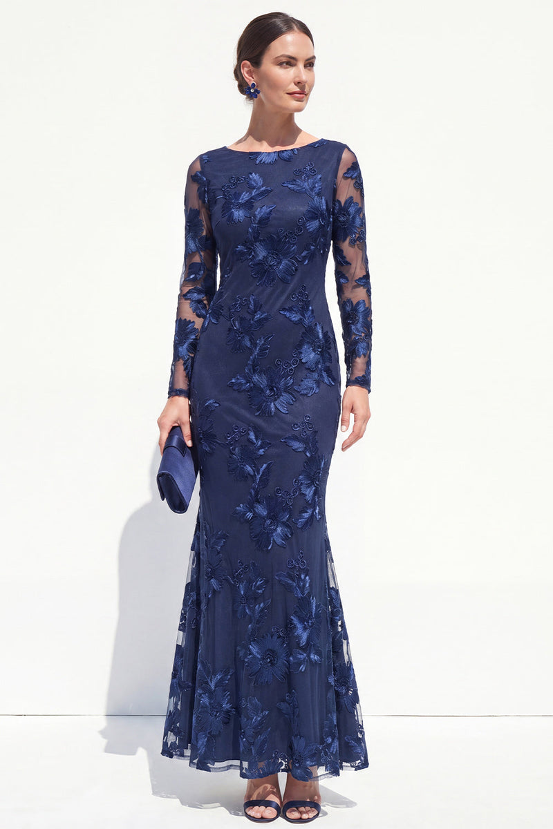 Load image into Gallery viewer, Burgundy Bateau Neck Mermaid Floral Long Sleeves Mother of the Bride Dress