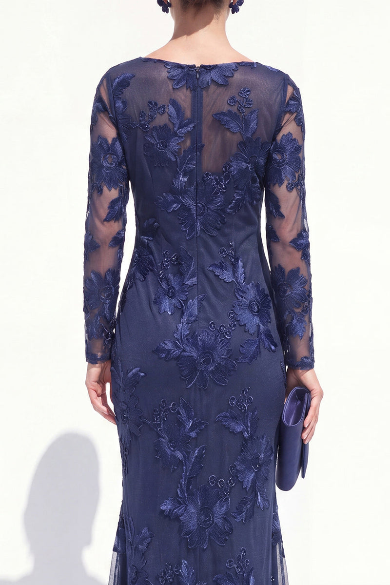 Load image into Gallery viewer, Burgundy Bateau Neck Mermaid Floral Long Sleeves Mother of the Bride Dress
