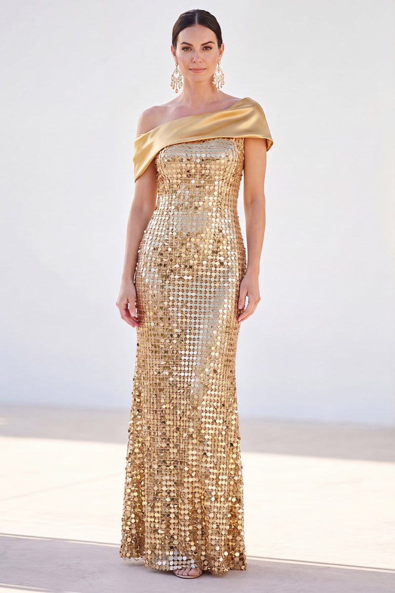 Load image into Gallery viewer, Sparkly Golden Sequins Mermaid Long Mother of the Bride Dress