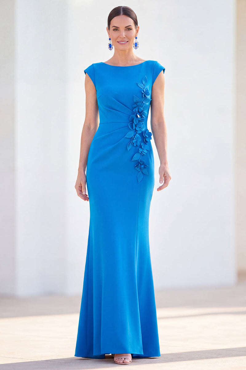 Load image into Gallery viewer, Floral Blue Ruched Mermaid Boat Neck Long Mother of the Bride Dress