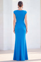 Load image into Gallery viewer, Floral Blue Ruched Mermaid Boat Neck Long Mother of the Bride Dress