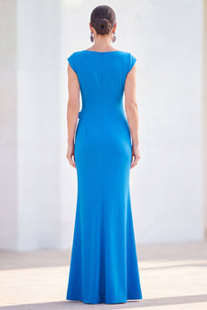 Floral Blue Ruched Mermaid Boat Neck Long Mother of the Bride Dress