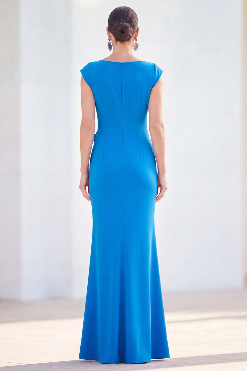 Load image into Gallery viewer, Floral Blue Ruched Mermaid Boat Neck Long Mother of the Bride Dress