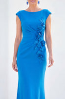 Load image into Gallery viewer, Floral Blue Ruched Mermaid Boat Neck Long Mother of the Bride Dress