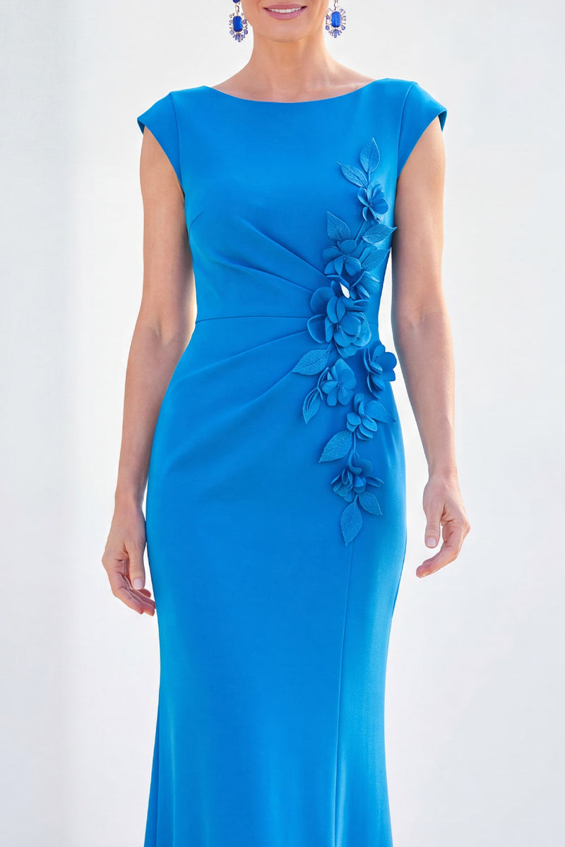 Load image into Gallery viewer, Floral Blue Ruched Mermaid Boat Neck Long Mother of the Bride Dress