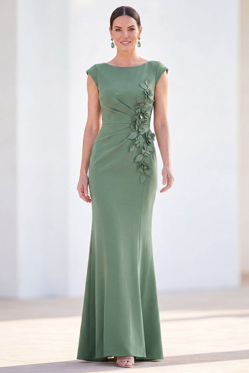 Load image into Gallery viewer, Floral Blue Ruched Mermaid Boat Neck Long Mother of the Bride Dress