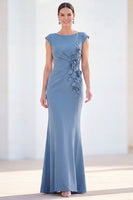Load image into Gallery viewer, Floral Blue Ruched Mermaid Boat Neck Long Mother of the Bride Dress