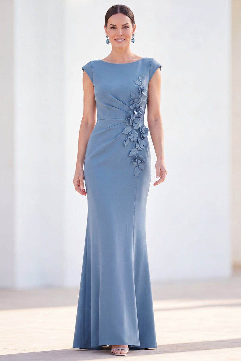 Load image into Gallery viewer, Floral Blue Ruched Mermaid Boat Neck Long Mother of the Bride Dress