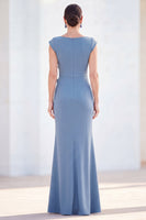 Load image into Gallery viewer, Floral Blue Ruched Mermaid Boat Neck Long Mother of the Bride Dress