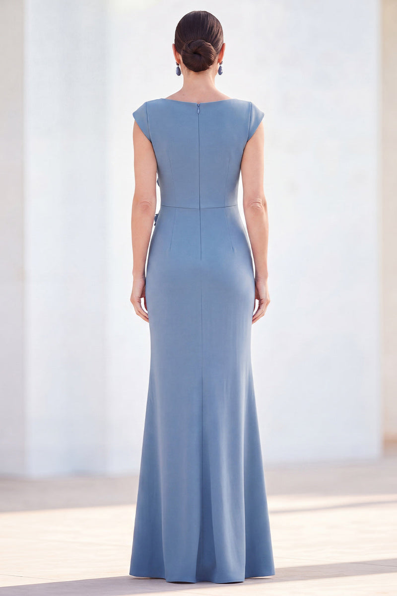 Load image into Gallery viewer, Floral Blue Ruched Mermaid Boat Neck Long Mother of the Bride Dress