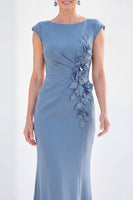 Load image into Gallery viewer, Floral Blue Ruched Mermaid Boat Neck Long Mother of the Bride Dress