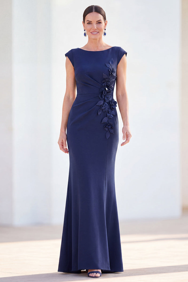 Load image into Gallery viewer, Floral Blue Ruched Mermaid Boat Neck Long Mother of the Bride Dress