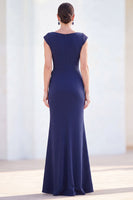 Load image into Gallery viewer, Floral Blue Ruched Mermaid Boat Neck Long Mother of the Bride Dress