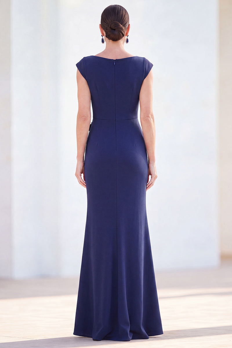 Load image into Gallery viewer, Floral Blue Ruched Mermaid Boat Neck Long Mother of the Bride Dress