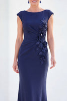 Load image into Gallery viewer, Floral Blue Ruched Mermaid Boat Neck Long Mother of the Bride Dress