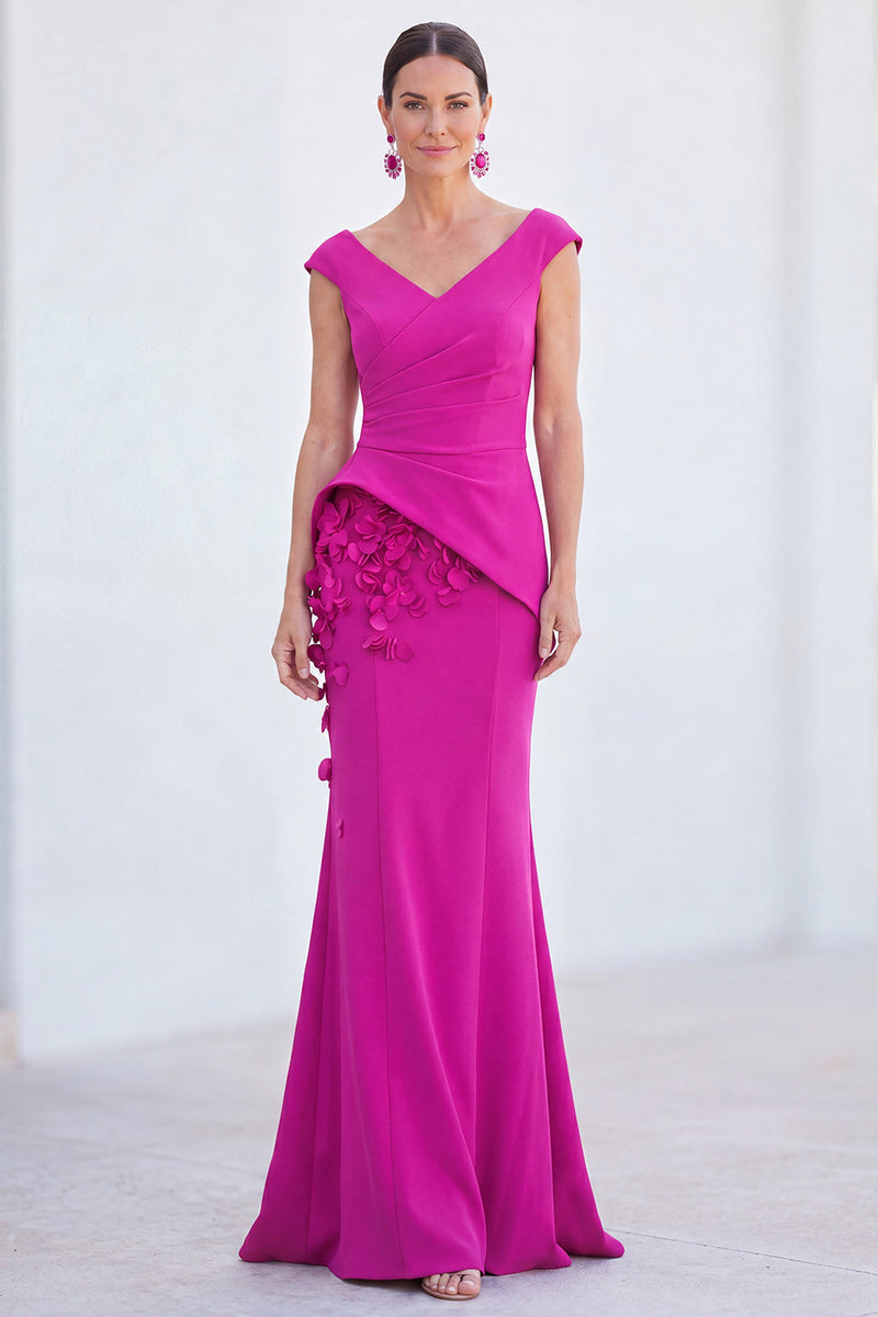 Load image into Gallery viewer, Fuchsia Ruched Mermaid V-Neck Long Mother of the Bride Dress with 3D Flowers