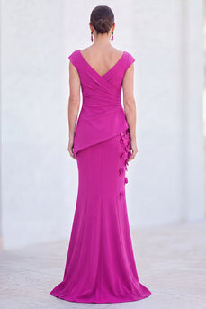 Fuchsia Ruched Mermaid V-Neck Long Mother of the Bride Dress with 3D Flowers