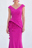 Load image into Gallery viewer, Fuchsia Ruched Mermaid V-Neck Long Mother of the Bride Dress with 3D Flowers