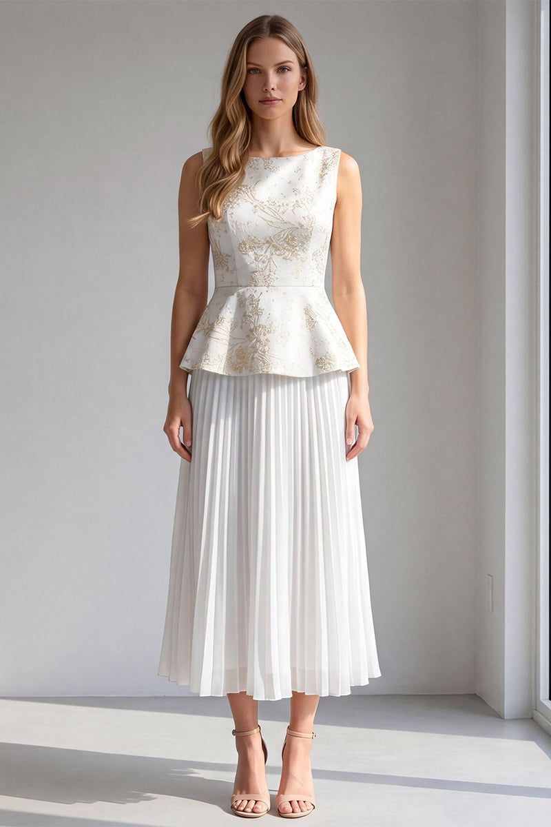 Load image into Gallery viewer, 2 Piece Ivory Floral Pleated Boat Neck Long Business Suits