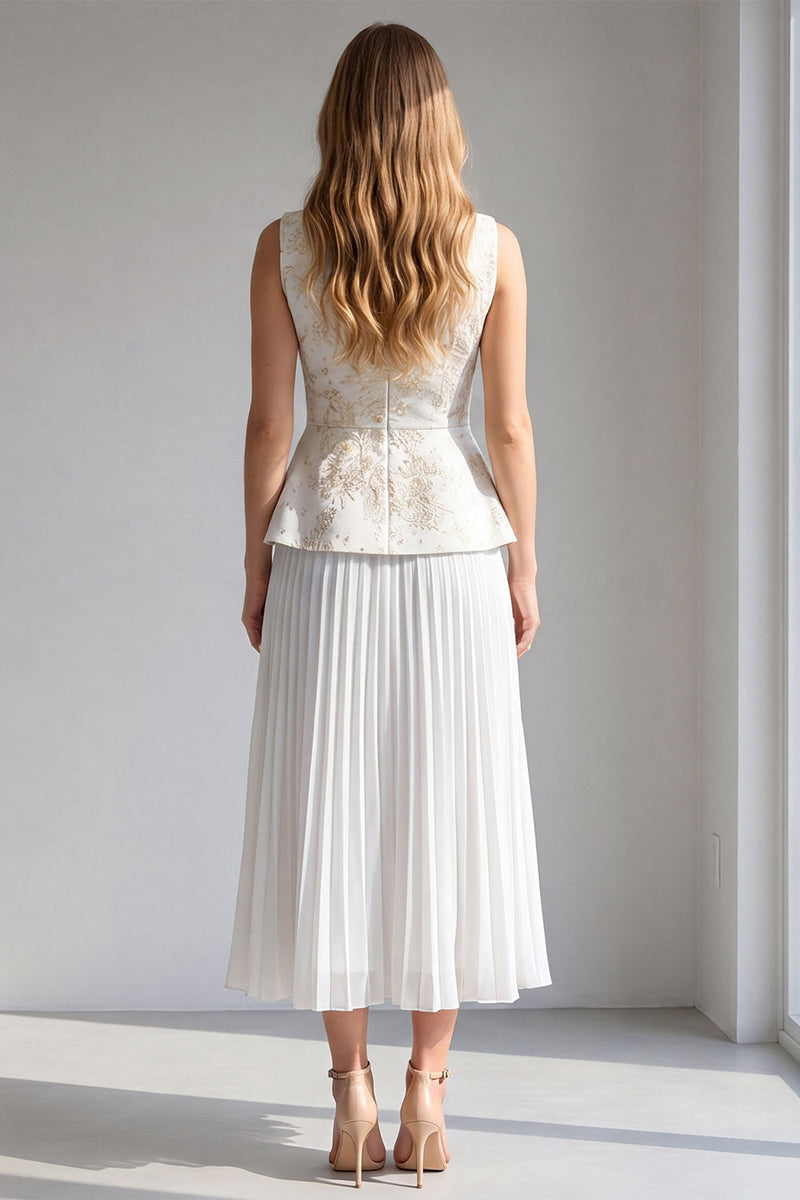 Load image into Gallery viewer, 2 Piece Ivory Floral Pleated Boat Neck Long Business Suits
