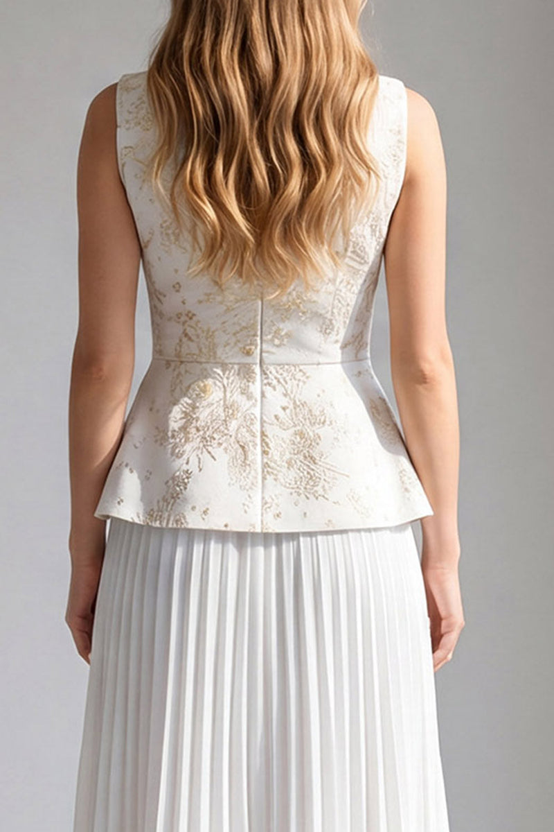 Load image into Gallery viewer, 2 Piece Ivory Floral Pleated Boat Neck Long Business Suits