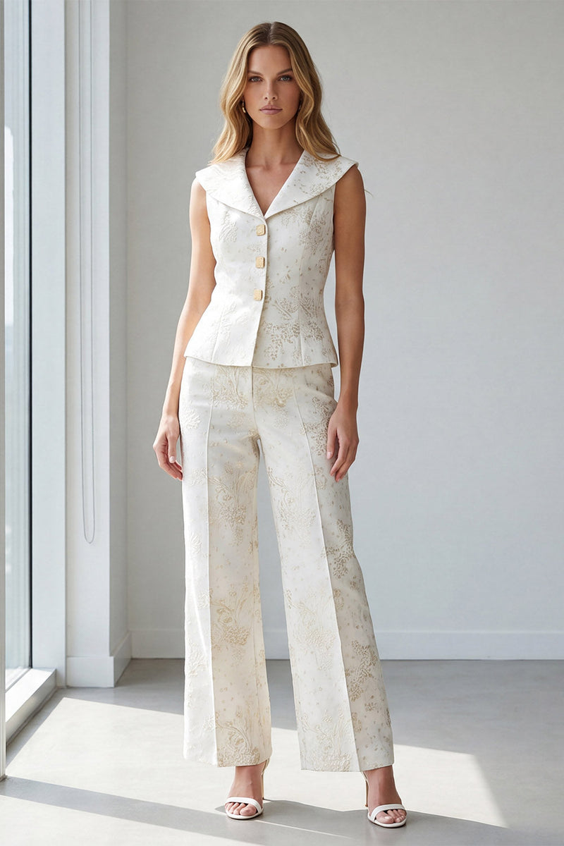 Load image into Gallery viewer, 2 Piece Ivory Jacquard Single Breasted V-Neck Business Suits