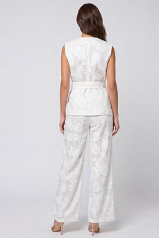 Ivory Floral 2 Piece V-Neck Business Suits with Belt