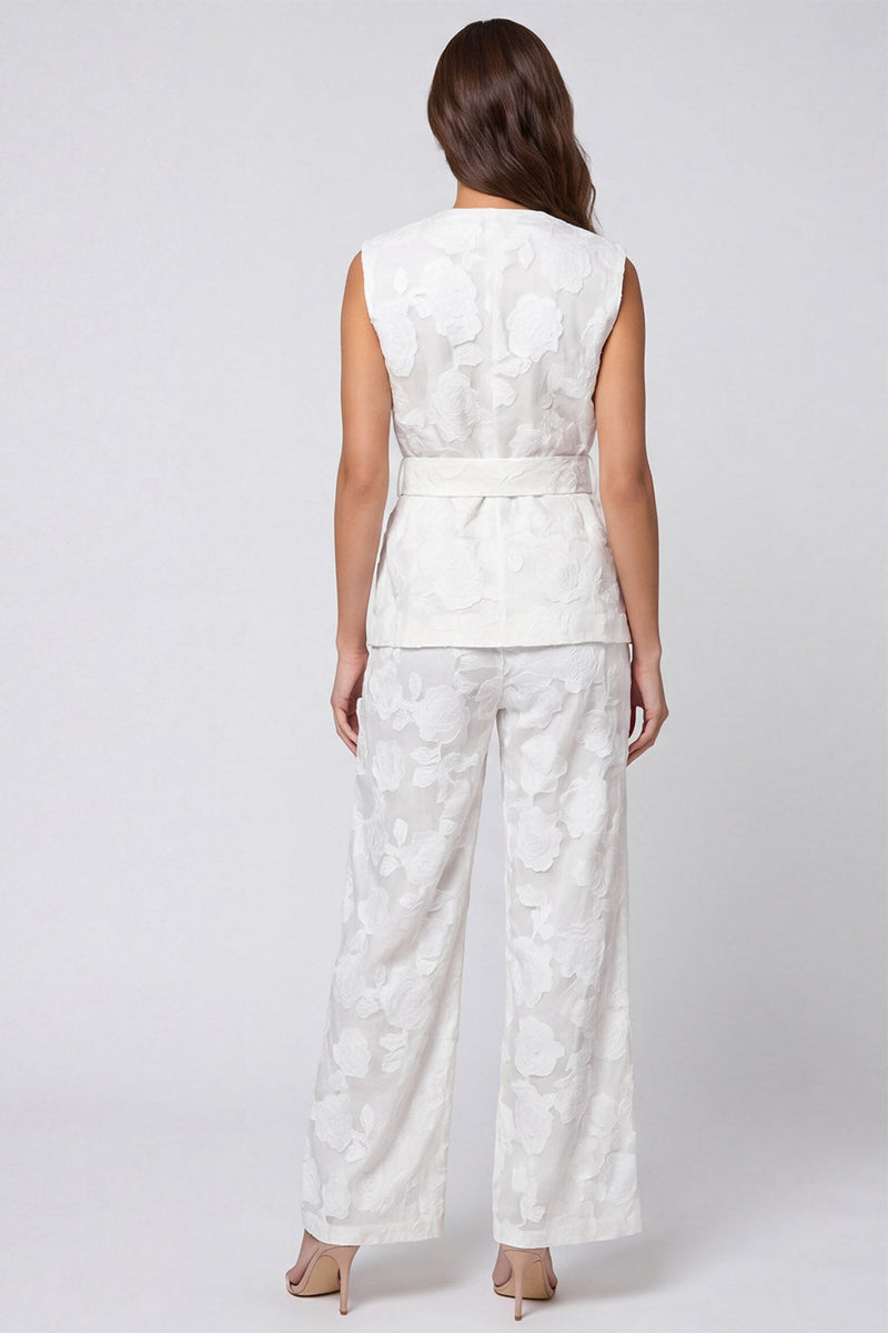 Load image into Gallery viewer, Ivory Floral 2 Piece V-Neck Business Suits with Belt