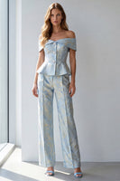 Load image into Gallery viewer, Light Blue Floral Single Breasted Off The Shoulder Business Suits