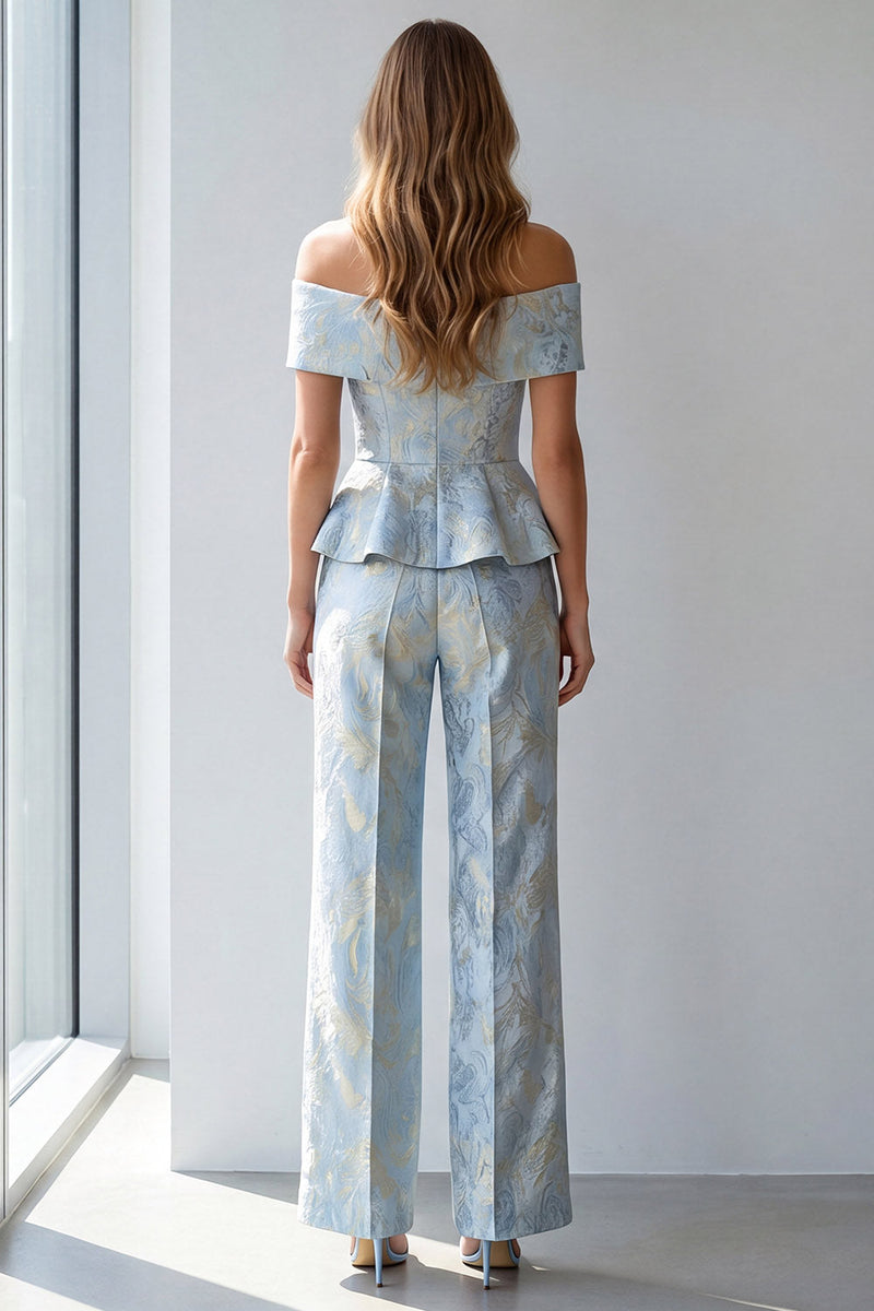 Load image into Gallery viewer, Light Blue Floral Single Breasted Off The Shoulder Business Suits