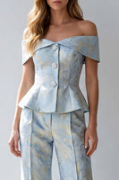 Load image into Gallery viewer, Light Blue Floral Single Breasted Off The Shoulder Business Suits