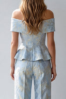 Load image into Gallery viewer, Light Blue Floral Single Breasted Off The Shoulder Business Suits